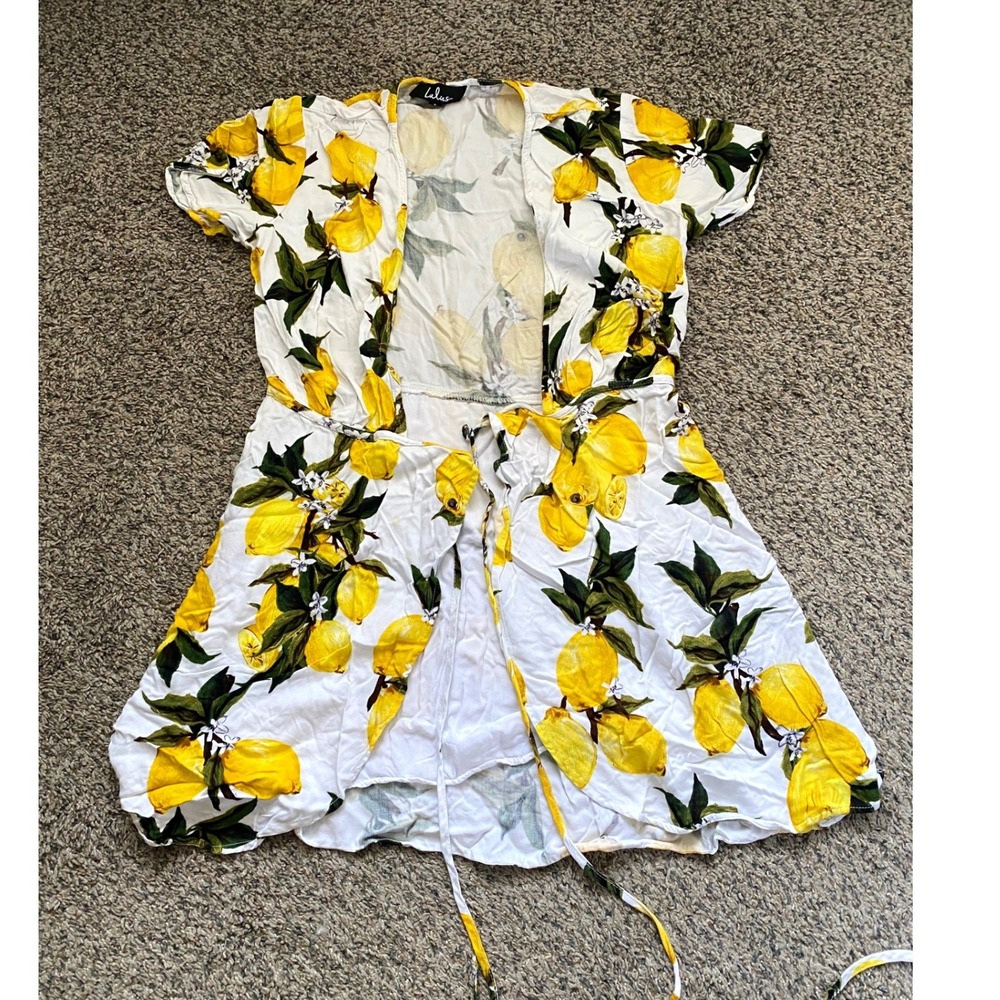 Lulus Wrap Dress Womens Small White Yellow Lemon Print Short Sleeve Mini Summer